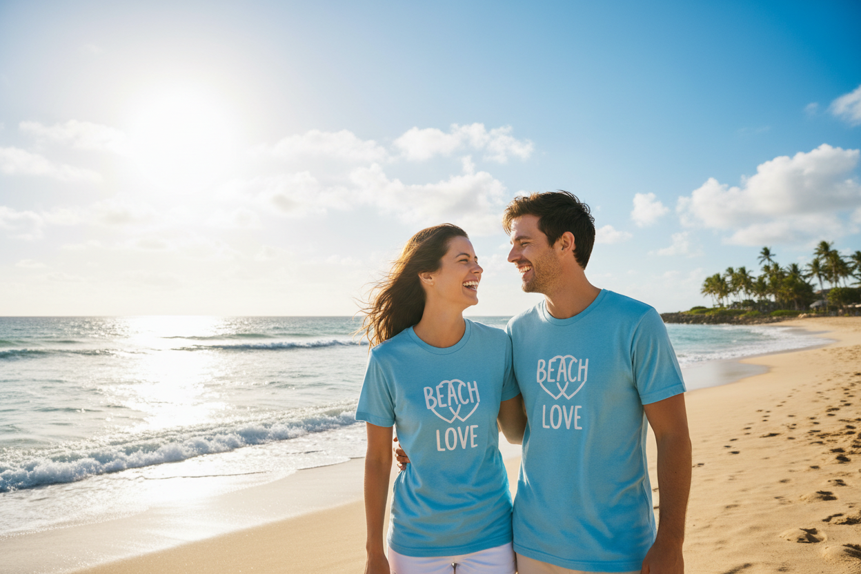 man and women wearing t-shirt couple on the beach